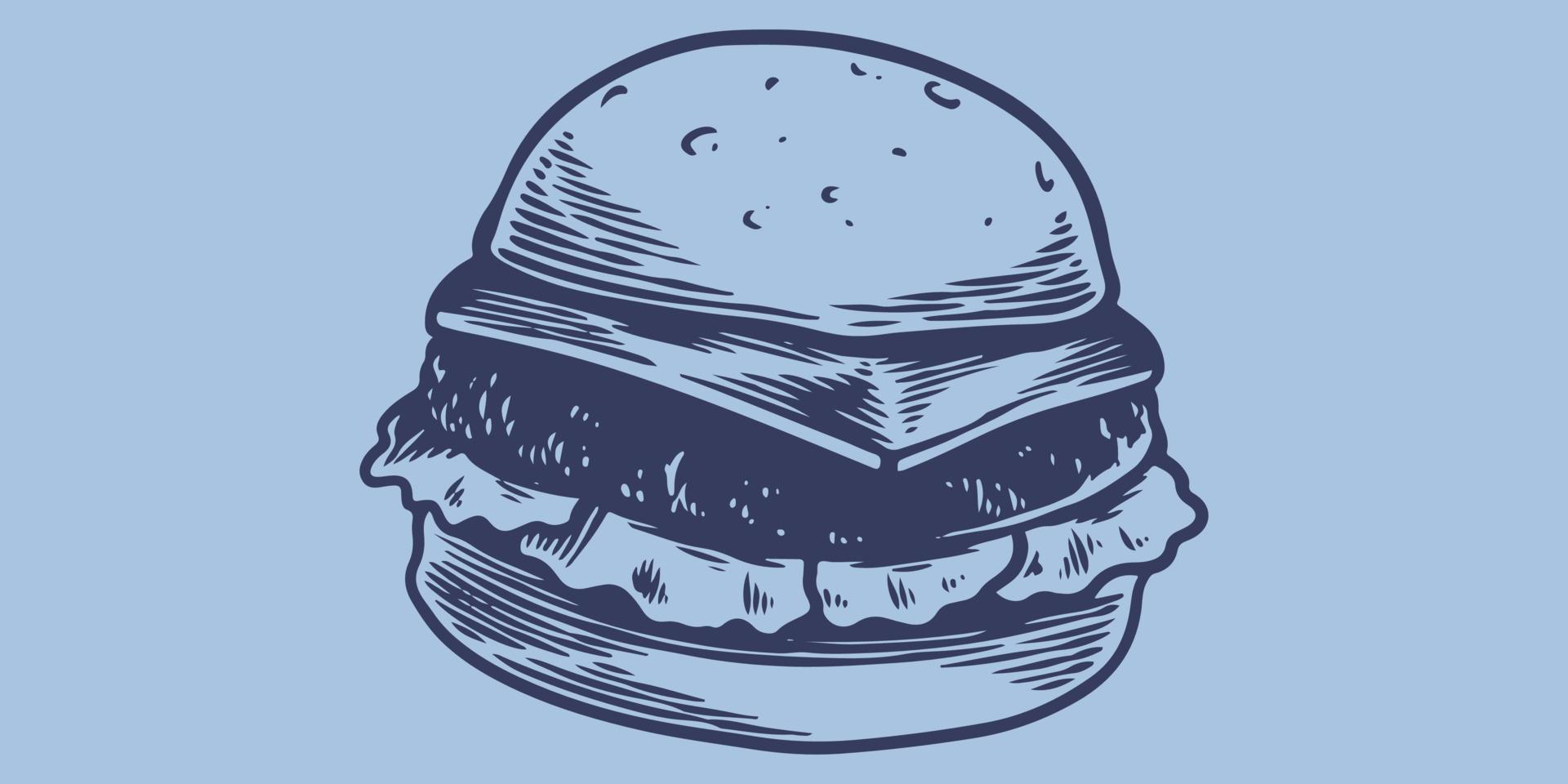 Dibujo a mano alzada, comida rápida de hamburguesas grandes, comida chatarra. vector