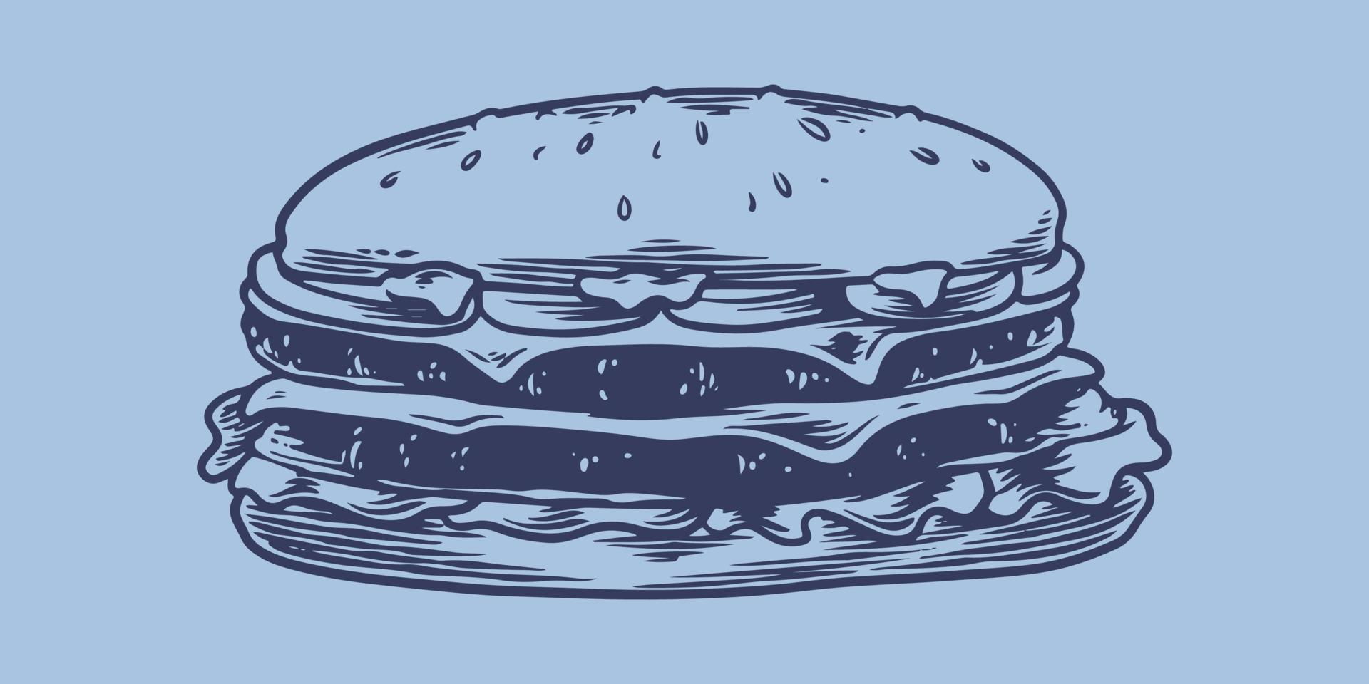 Hand drawing fast food set of big hamburger. Junk food restaurant vector