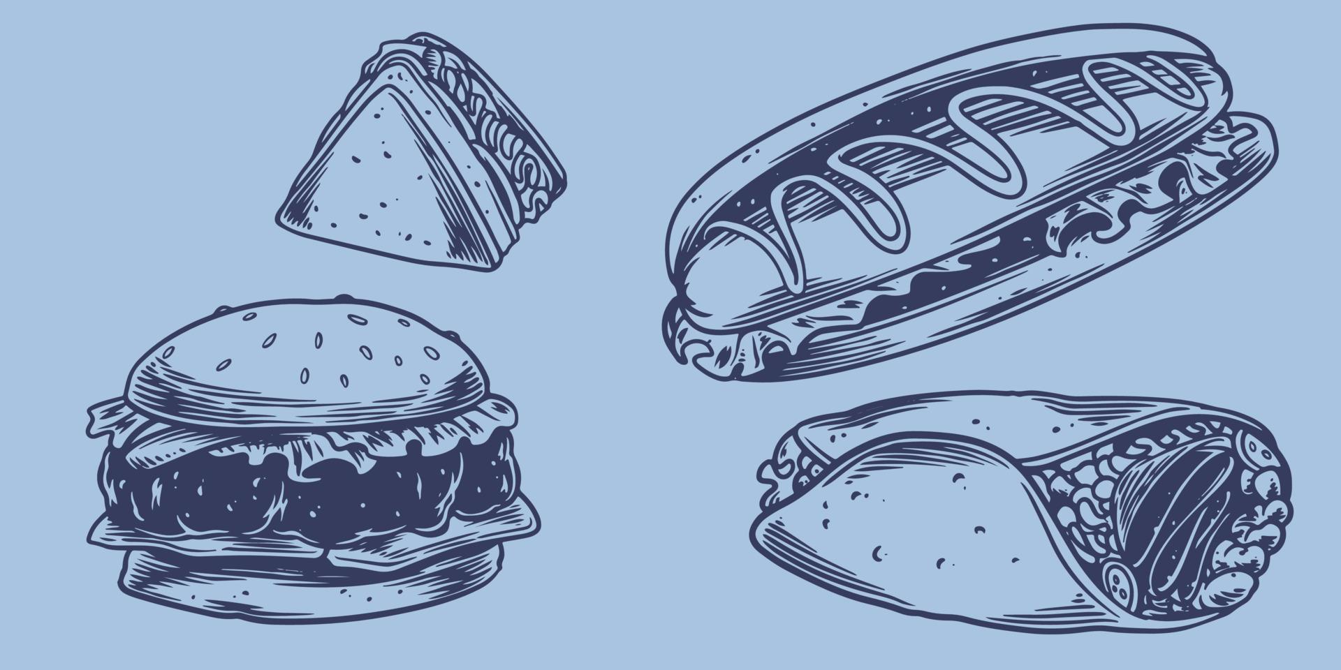 dibujo a mano comida rápida conjunto de sándwiches, hamburguesas, perritos calientes, kebabs vector