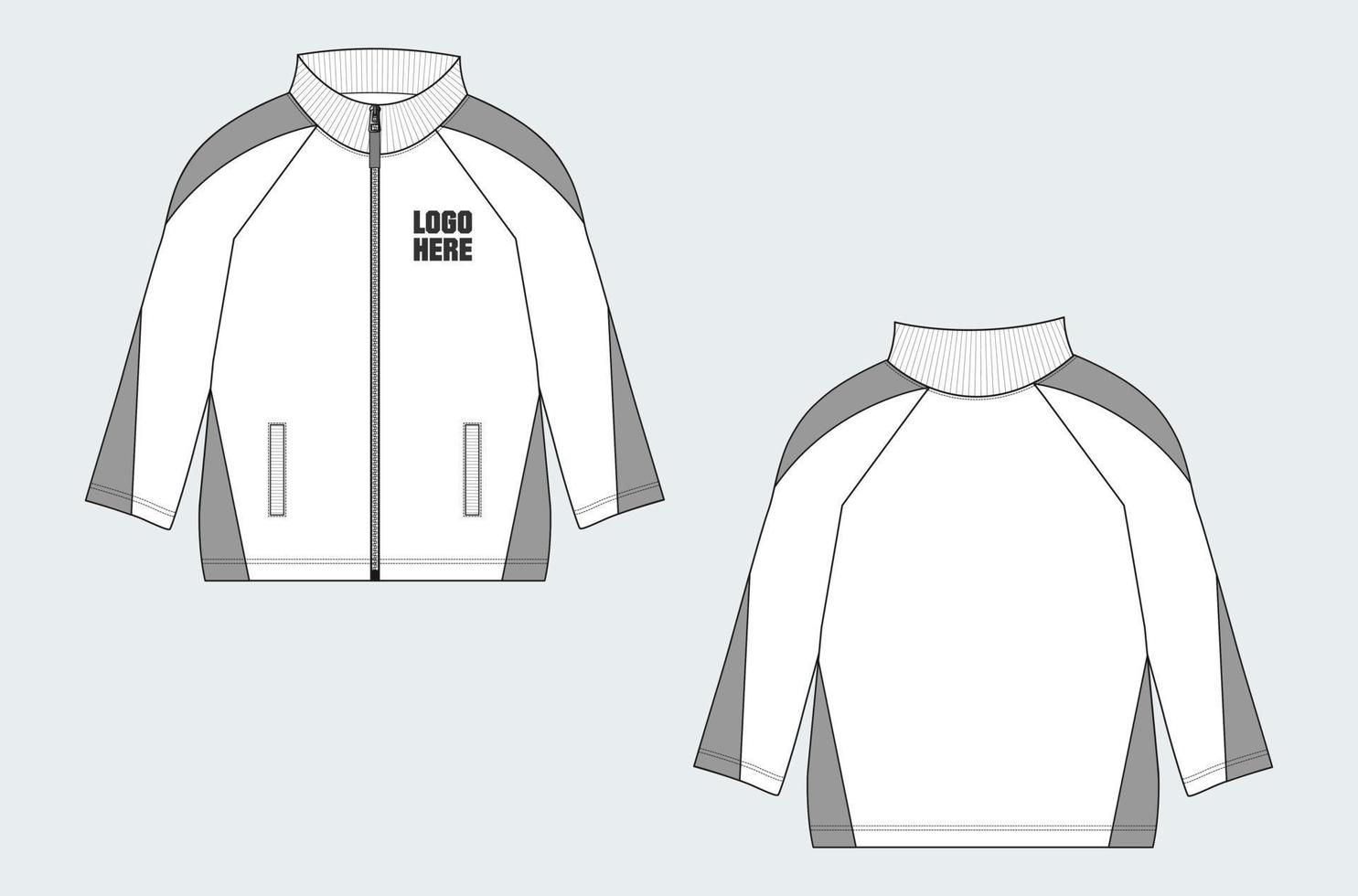 Long sleeve jacket with pocket and zipper technical fashion flat sketch vector illustration template front and back views.