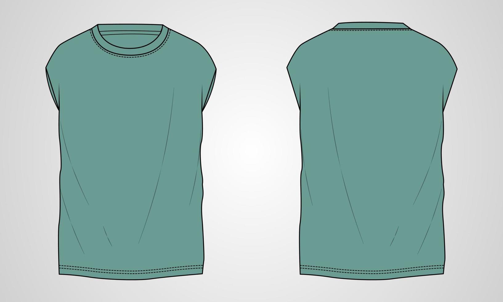 Sleeveless T-shirt Tops technical fashion Flats Sketch Vector illustration Template For mens and boys.