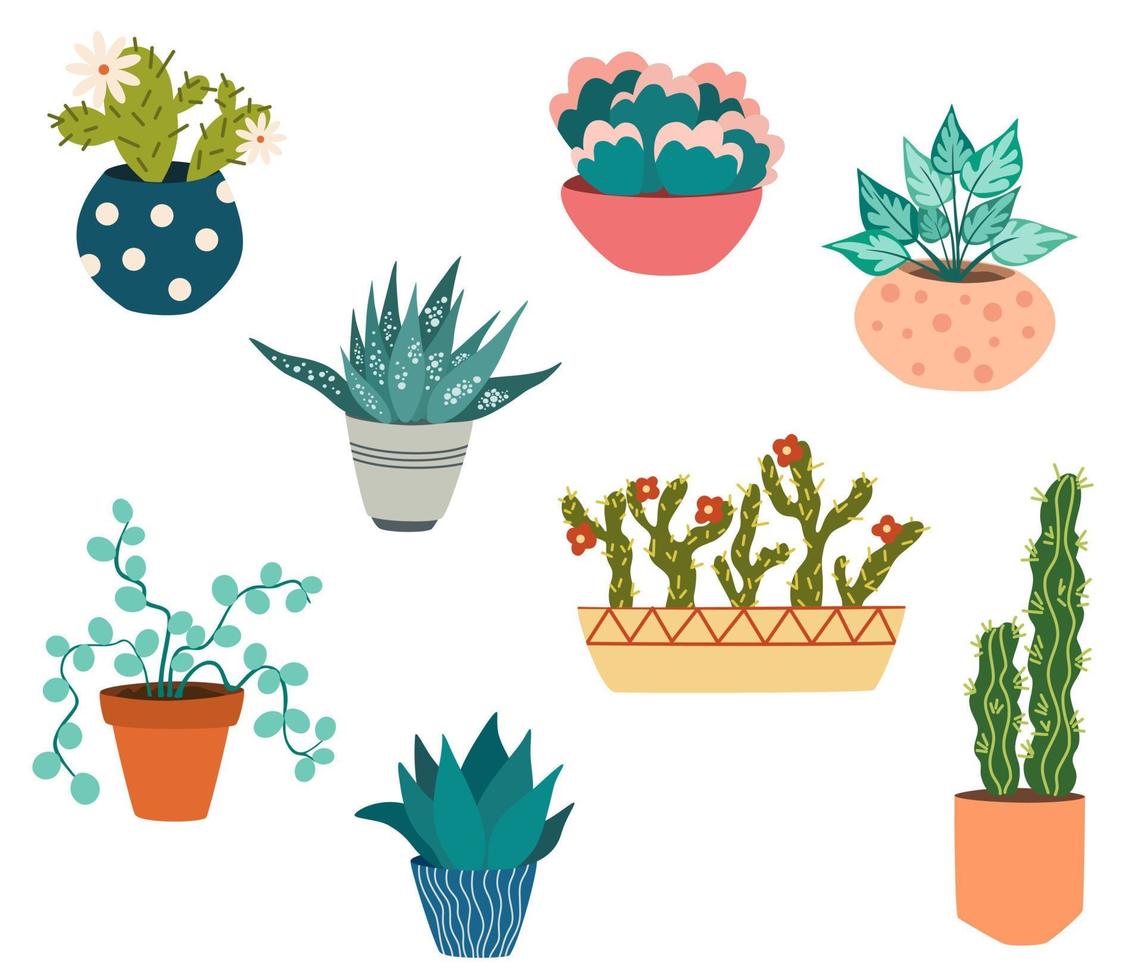 conjunto de plantas de interior en maceta. planta de interior de follaje que crece en maceta. decoración de hojas verdes para el interior del hogar. decoración interior natural. dibujar a mano ilustración vectorial aislado sobre fondo blanco vector