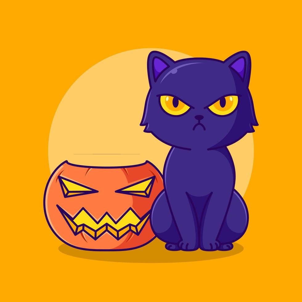 cute halloween pumpkin and angry black cat cartoon icon illustration vector