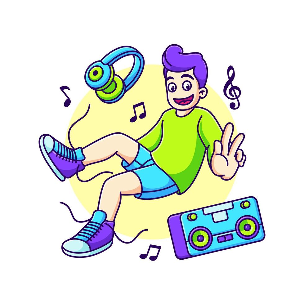 linda persona flotando mientras escucha música icono de dibujos animados ilustración vector