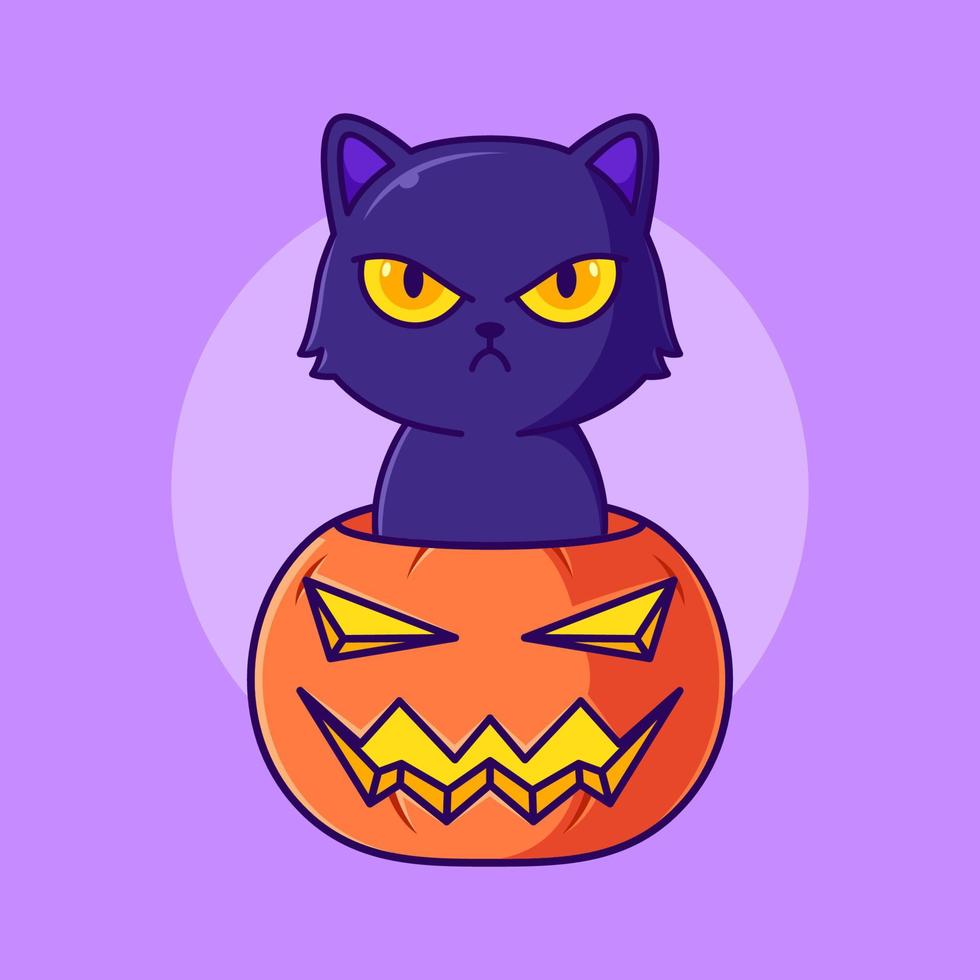 linda calabaza de halloween y ilustración de icono de dibujos animados de gato negro enojado vector