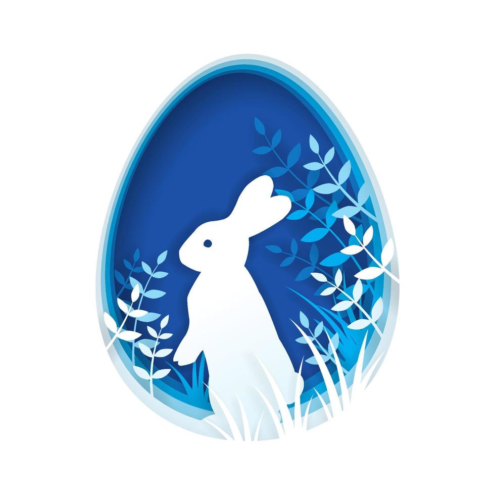 Paper art and digital craft style of rabbit standing on hind legs in the grass that is inside blue egg shape, Happy Easter day concept vector