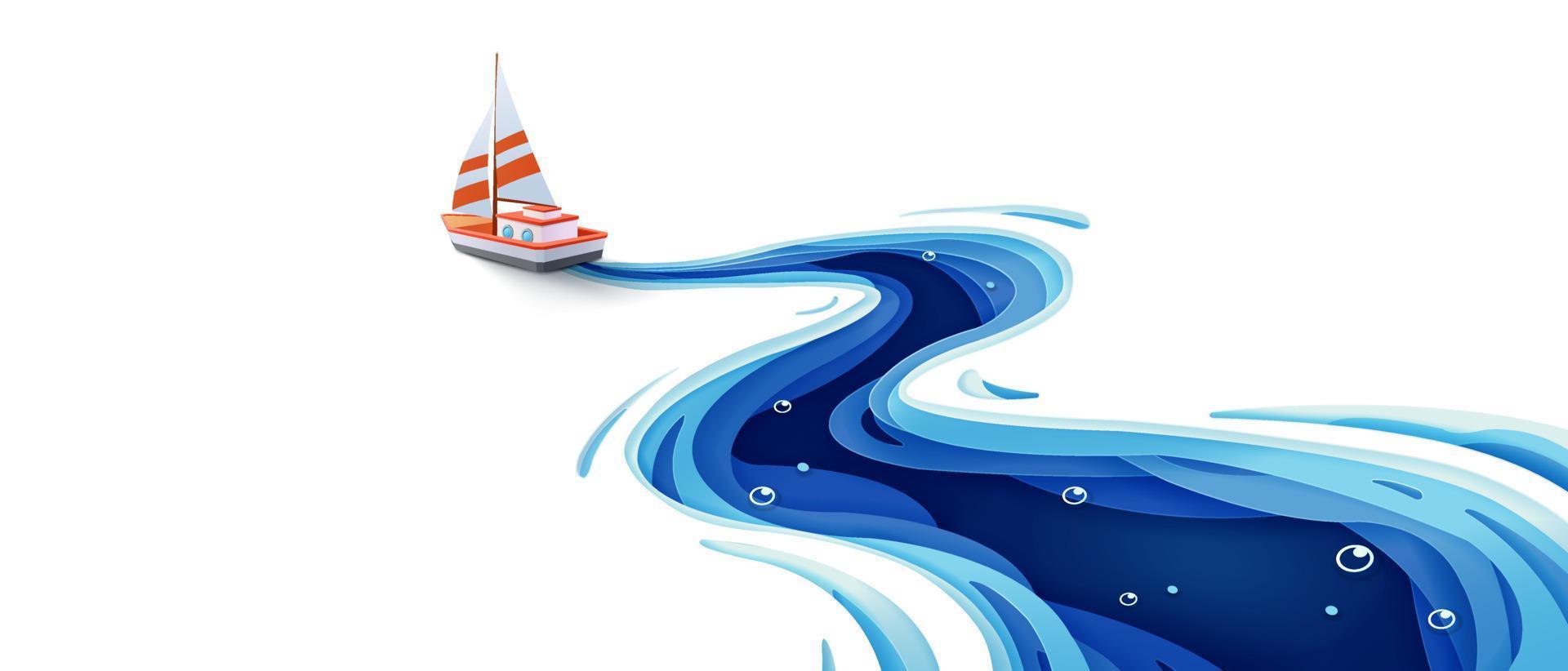 Journey of the paper sailboat in the winding blue sea vector