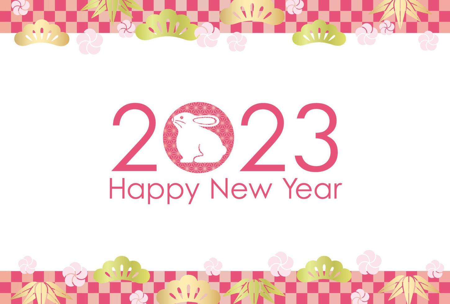 2023, The Year Of The Rabbit, Greeting Card Template Decorated With Japanese Auspicious Charms And Pattern. vector