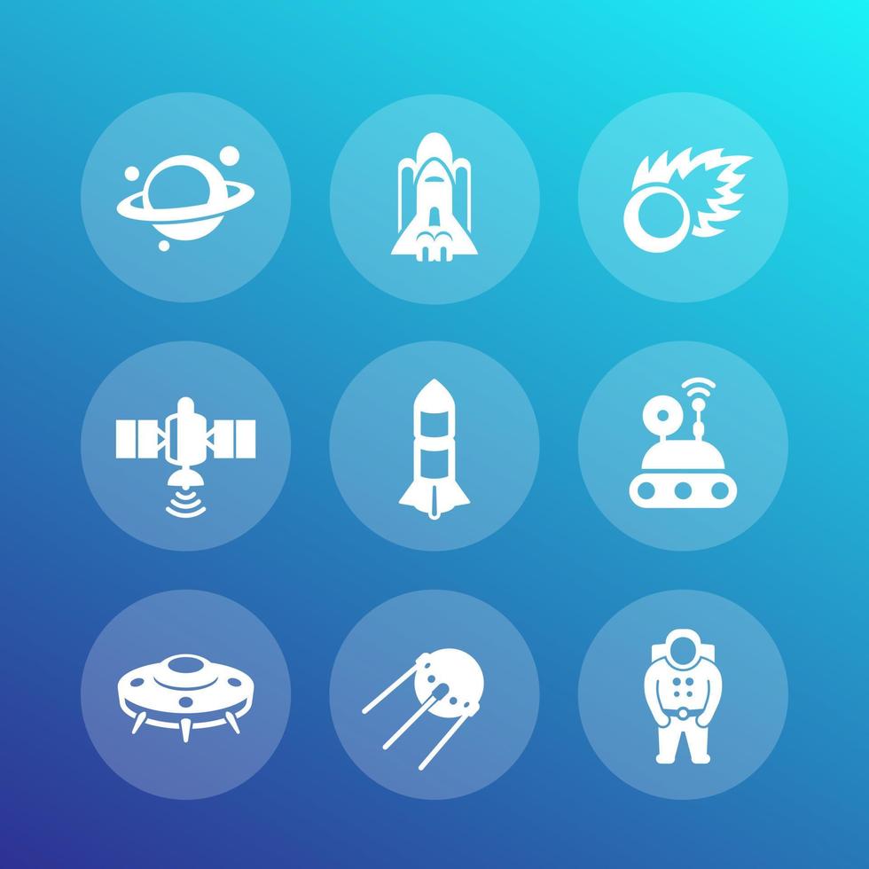 Space icons set, satellite, astronaut, space probe, shuttle, spaceship, rocket, meteor, asteroid, planet, ufo, vector illustration