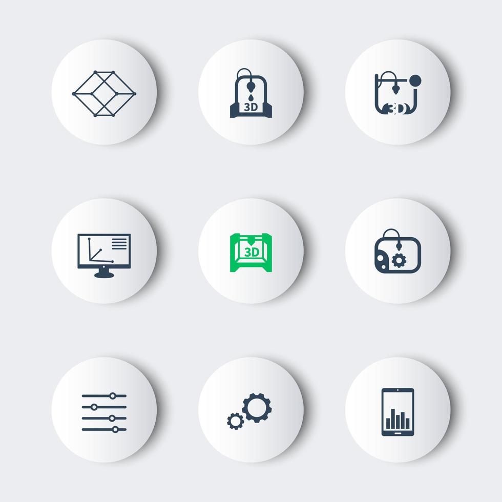 3d printer, printing, modeling, additive manufacturing, modern round icons vector