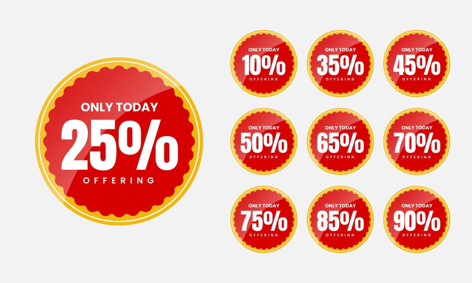 Red round glossy sale tags with different discount sets. 10, 35, 45, 50, 5, 70, 75, 85, and 90 percent. Vector illustration of a badge sticker label. Isolated on a yellow background