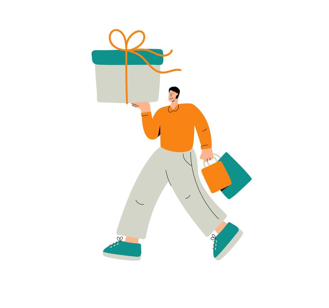 Vector hand drawn male character carrying gift box and bags from shop. Man people returning from supermarket with purchase. Holiday or birthday activity in flat style