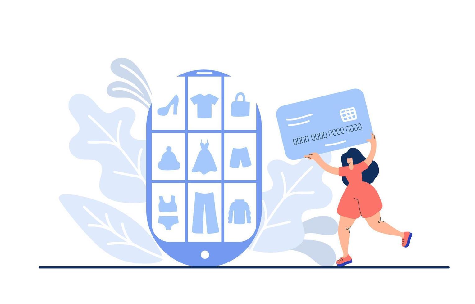 Online shopping. Vector hand drawn woman with bank card runs to buy goods. The product catalog in telephone on the web browser page. Shopping boxes. Landing web page template