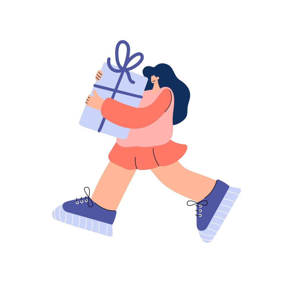 Cheerful woman carrying huge present box. Female character holding big birthday gift in festive packaging. Flat vector cartoon illustration isolated on white background