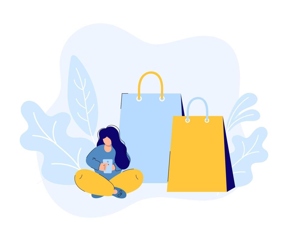 plano de compras en línea. mujer dibujada a mano vectorial se sienta con paquetes que se ejecutan desde el teléfono. compre por teléfono en la página del navegador web para ventas vector