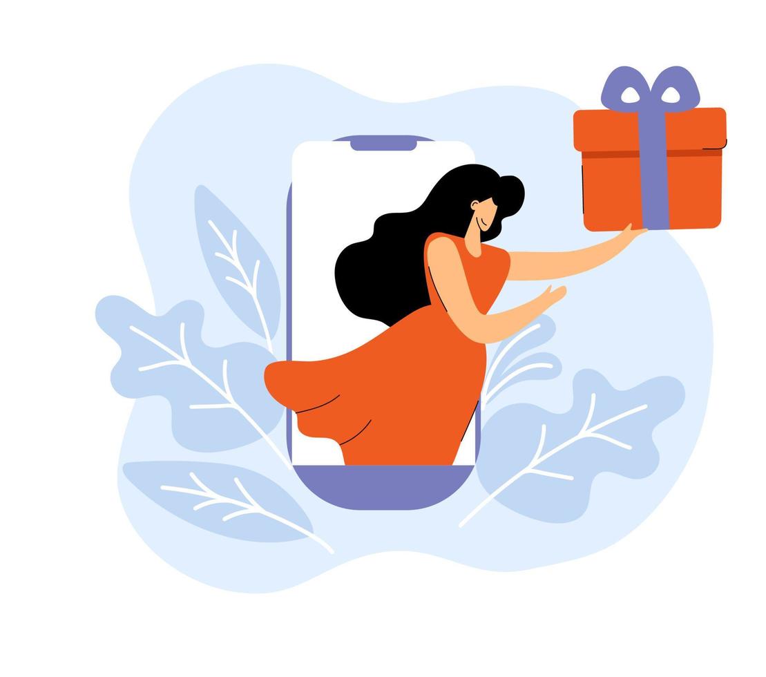 Vector hand drawn woman presents gift box from telephone. Online shopping flat. Shop in telephone on web browser page for sales