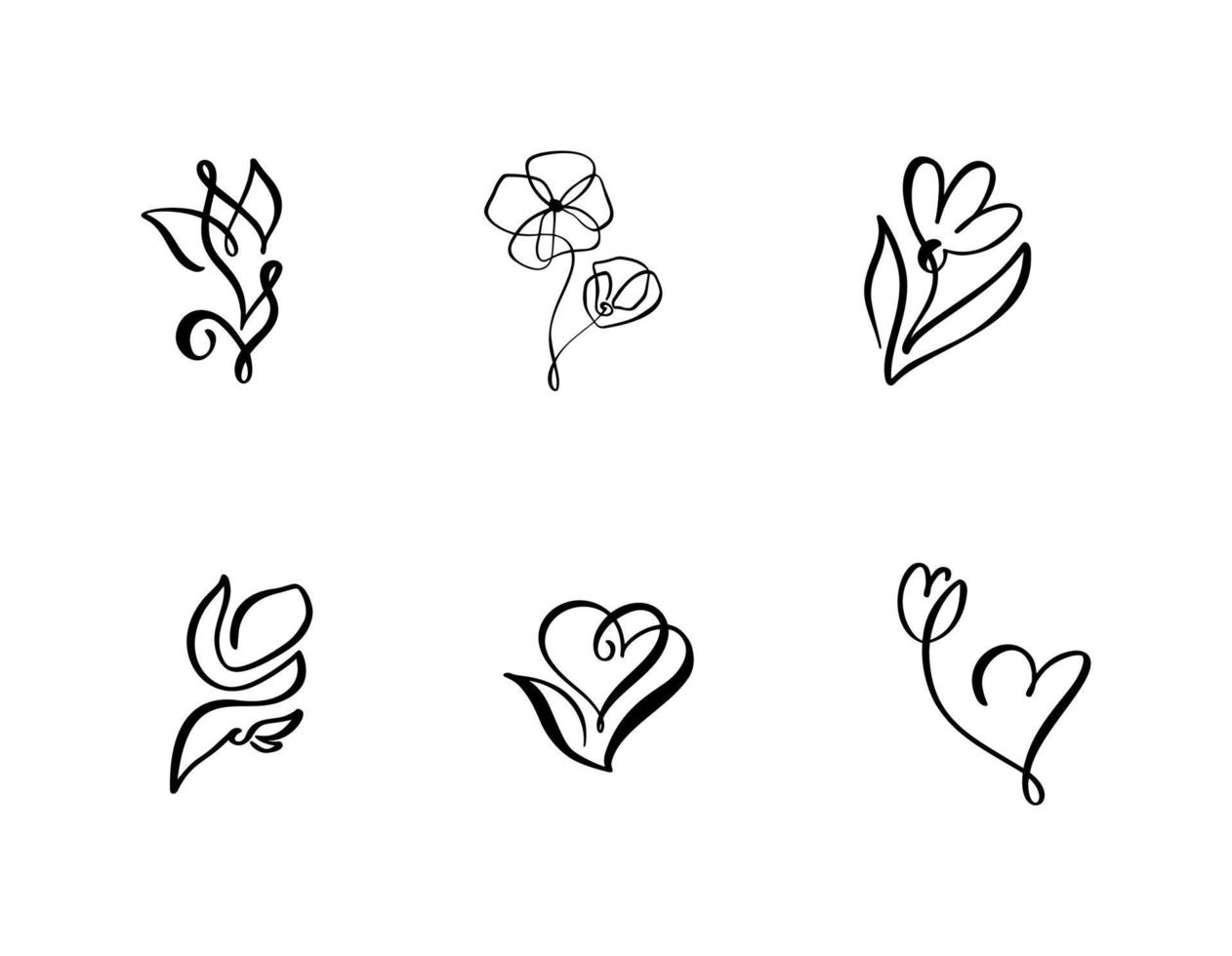 conjunto de logotipo de flor caligráfico vectorial de dibujo de línea continua. boceto negro de plantas aisladas sobre fondo blanco. ilustración de una línea láminas minimalistas vector
