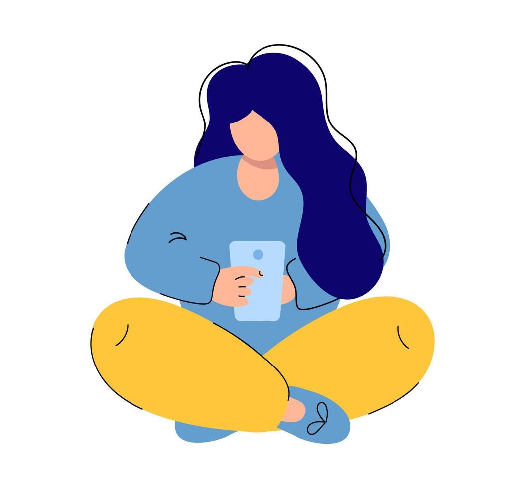 Cute vector flat simple young beautiful woman using mobile phone sitting with crossed legs isolated illustration