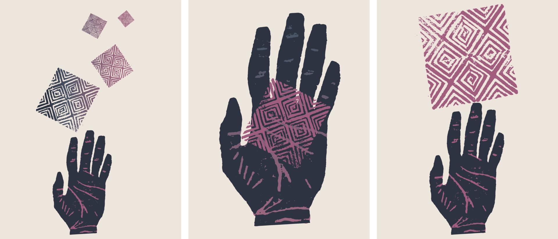 Abstract hand with pattern. Original linocut art. vector