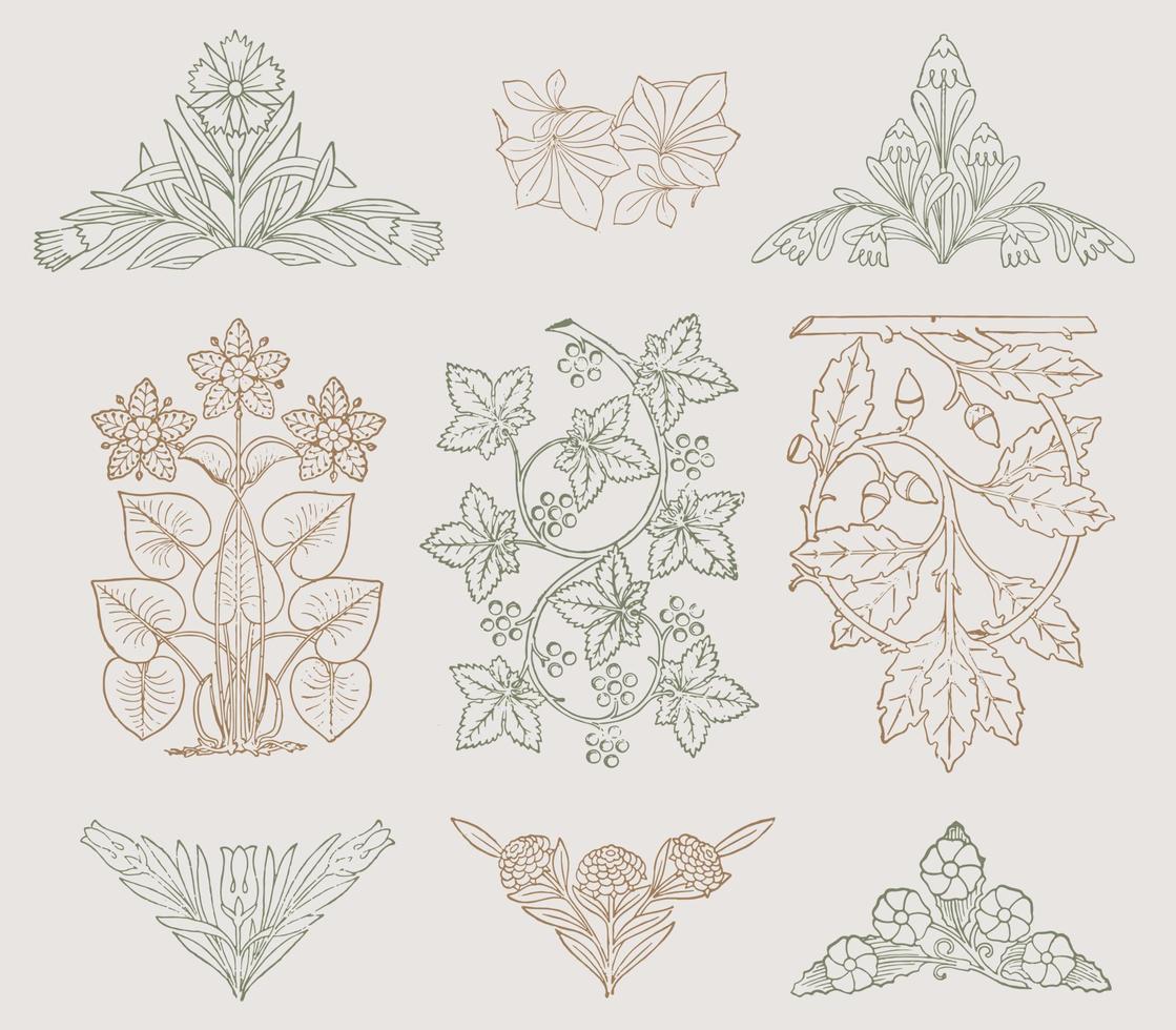 Delicate vintage floral design, vector line drawing