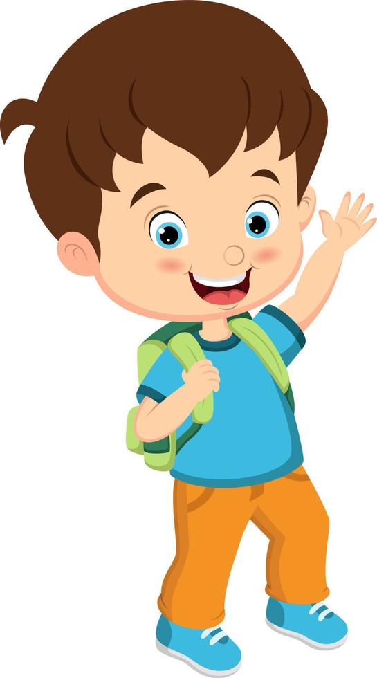 Cartoon little school boy waving hand vector