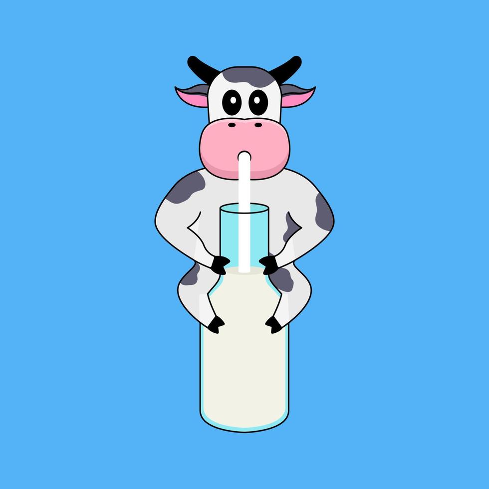 Cute cow mascot drinking milk on a milk bottle of illustration vector
