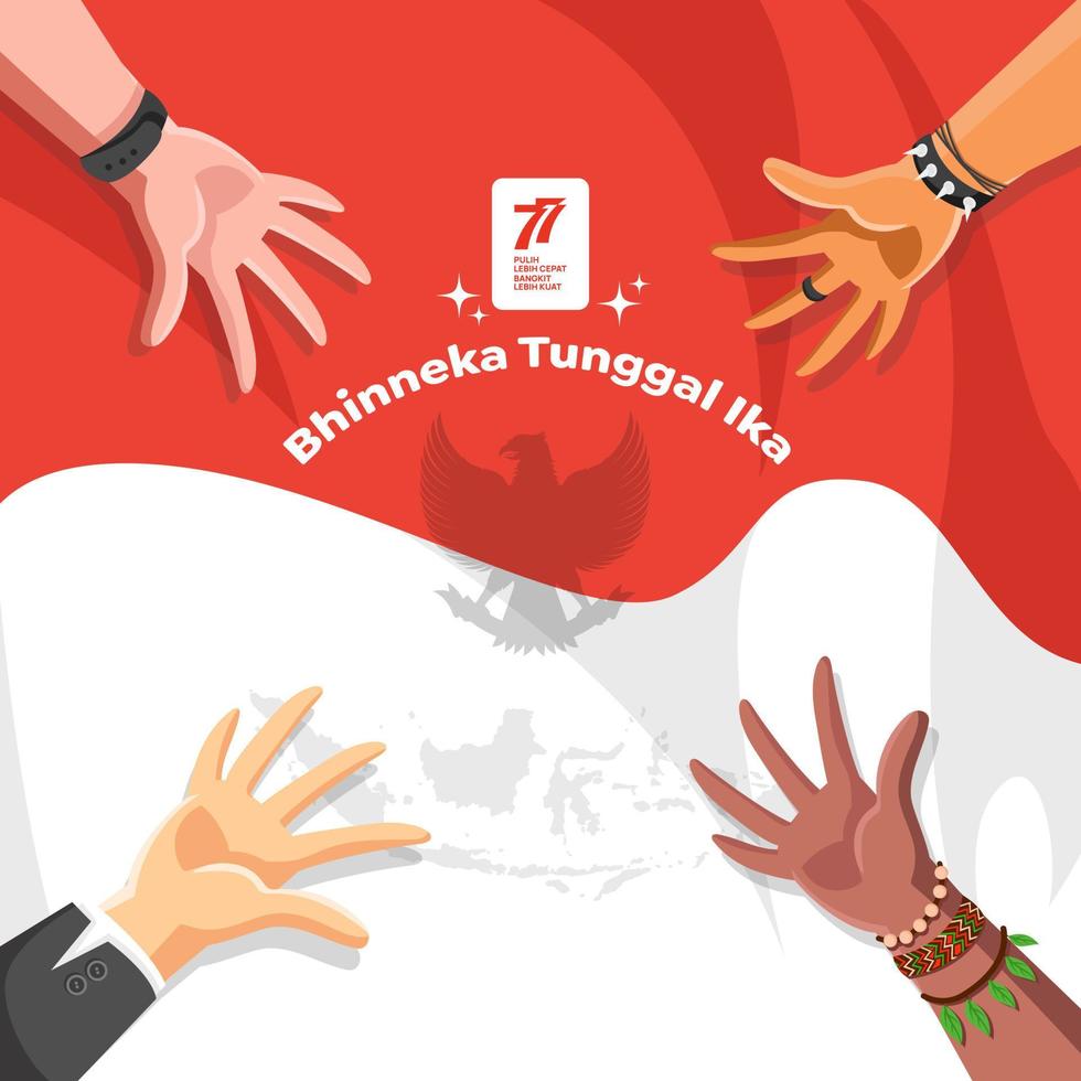 día de la independencia de indonesia. choza-ri. bhinneka tunggal ika. kita semua bersaudara. traducción al inglés independencia de indonesia. unidad en la diversidad. todos somos hermanos vector