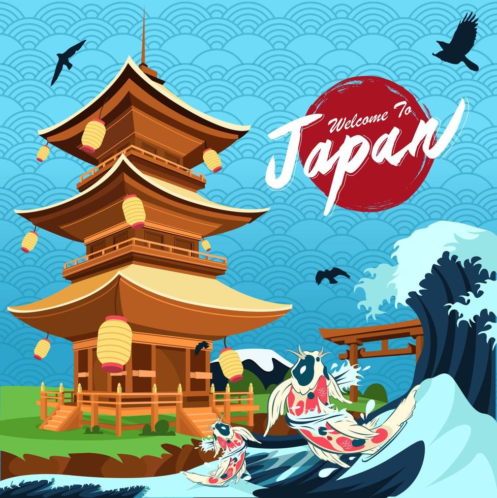 diseño de carteles de turismo de japón con atracciones - viaje de japón en japonés en el área superior vector