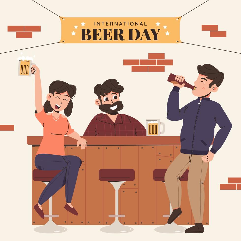 la gente celebra el día internacional de la cerveza en el pub vector