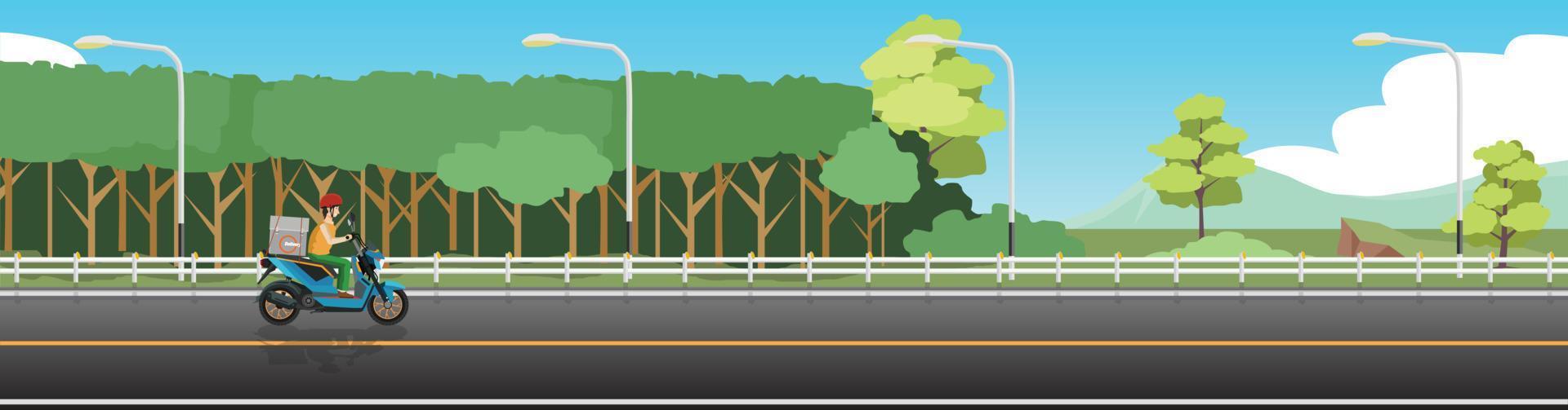 Motorcycle rider delivers food on an asphalt road. Driving on country road with road barrier and lighting pole. Background of green forest and mountain under blue sky. Copy Space Flat Vector. vector