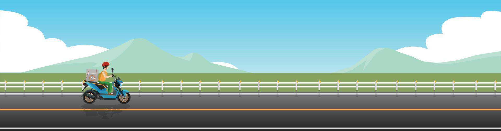 Motorcycle rider delivers food on an asphalt road. Driving on country road with road barrier. Background of mendow and mountain under blue sky. Copy Space Flat Vector. vector