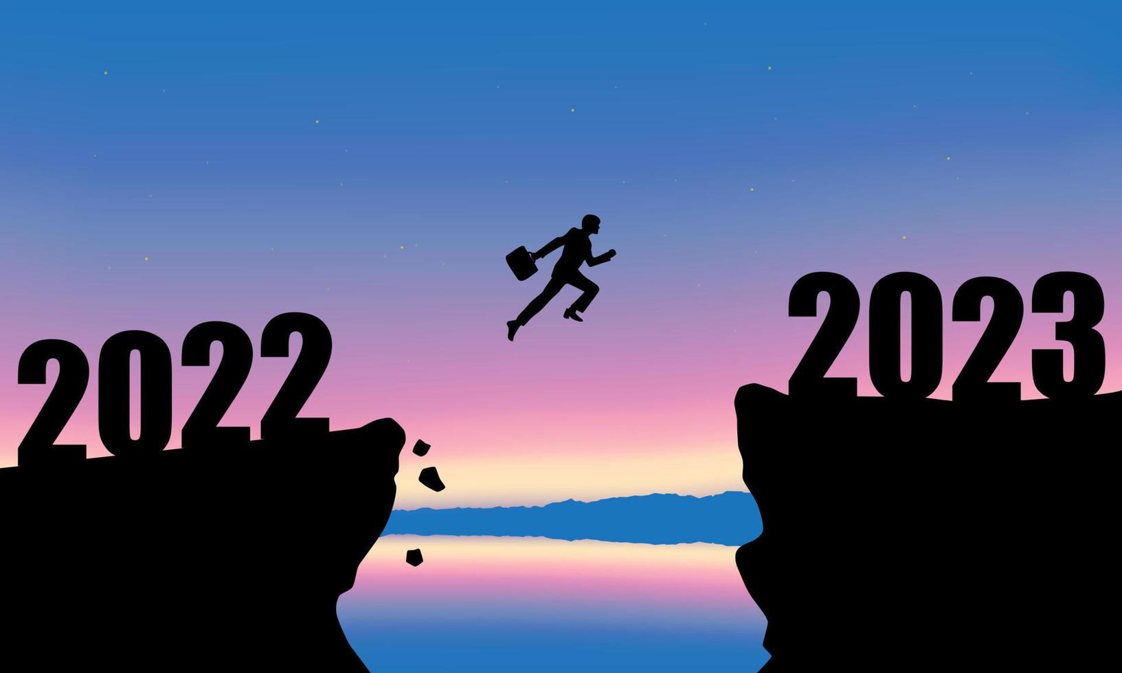 2023 New Year Background Design. A businessman is jumping over to cliff and jump across between 2022 and 2023 word. vector