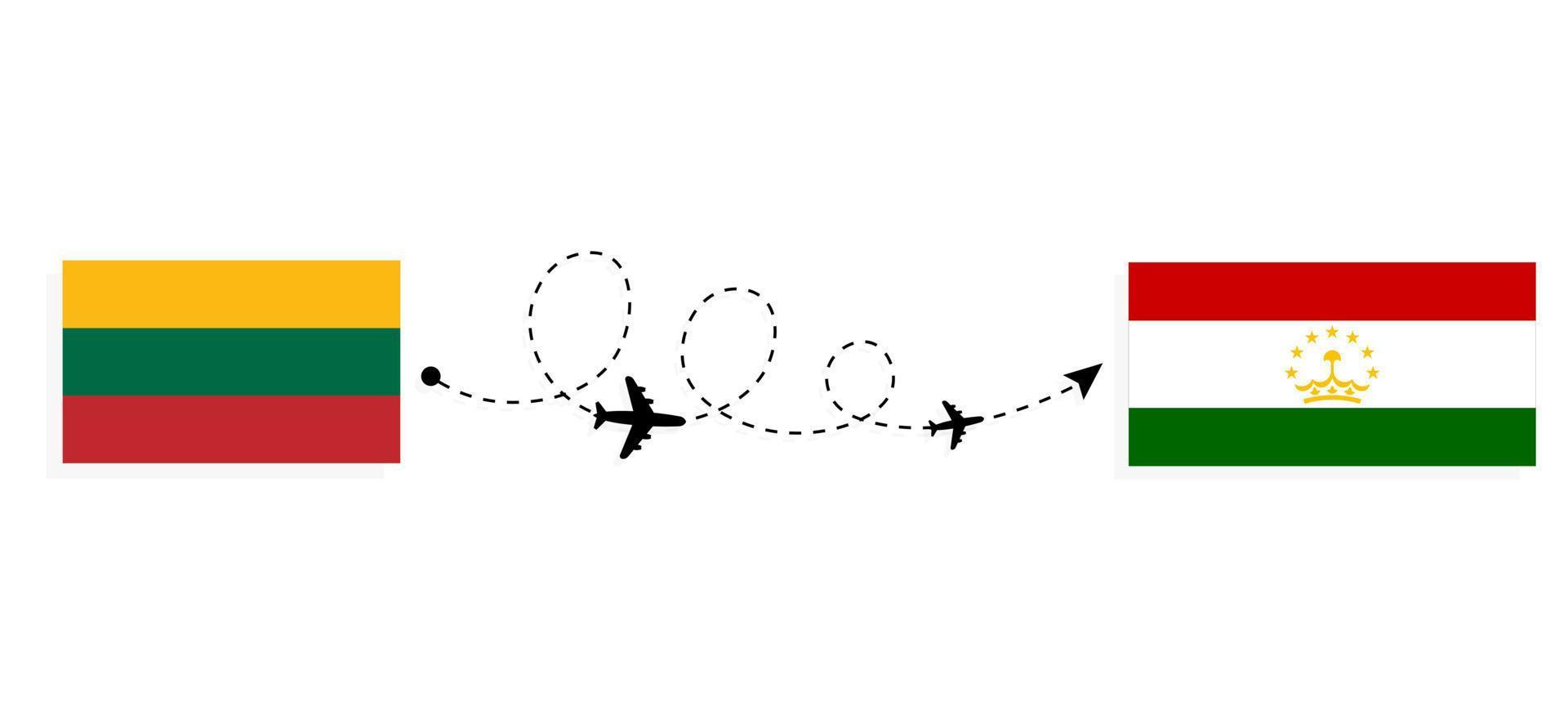 Flight and travel from Lithuania to Tajikistan by passenger airplane Travel concept vector