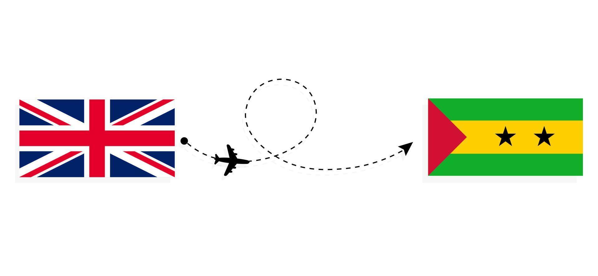 Flight and travel from United Kingdom of Great Britain to Sao Tome and Principe by passenger airplane Travel concept vector