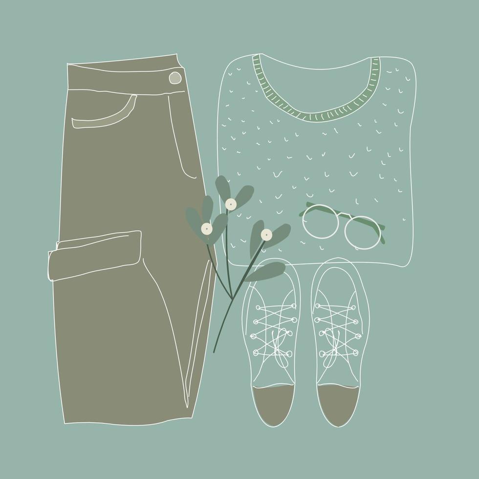 set of warm winter and autumn clothes, sweater, jeans, mistletoe branch. Fashion illustration vector