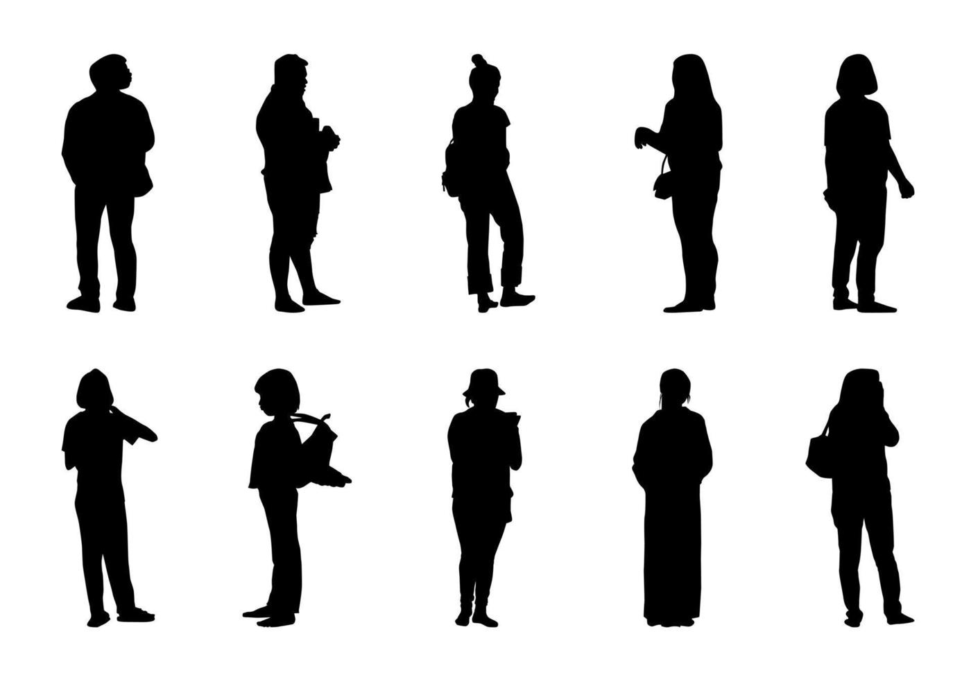 Silhouette people stand set, Black men and women vector on white background