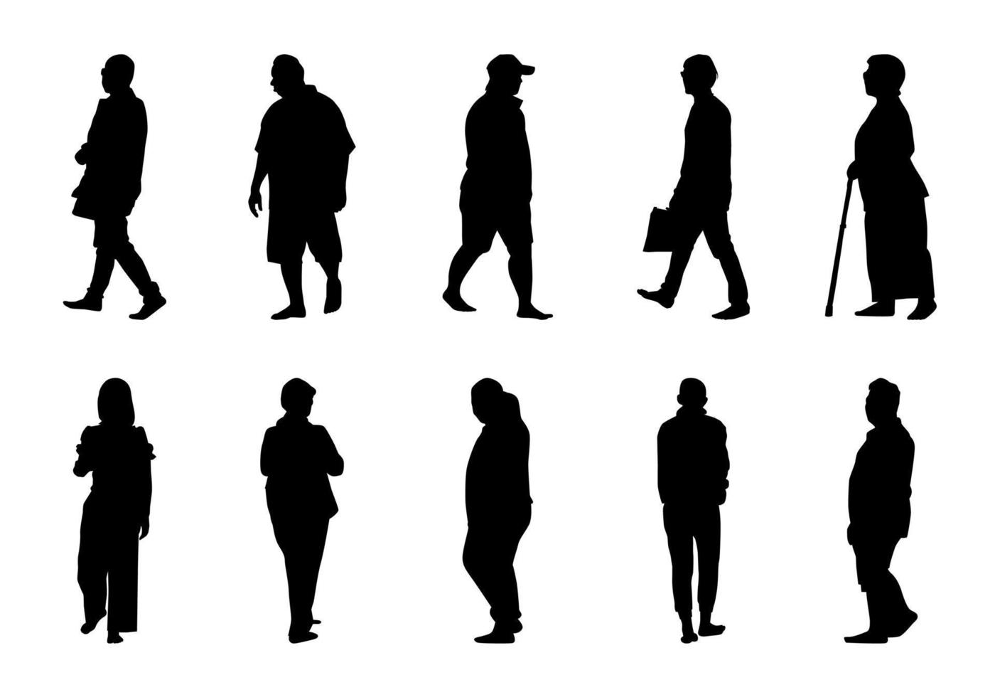 Silhouette people walking collection on white background, Black men and women vector