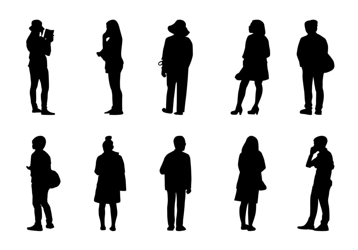 silueta personas stand set, hombres negros y mujeres vector sobre fondo blanco