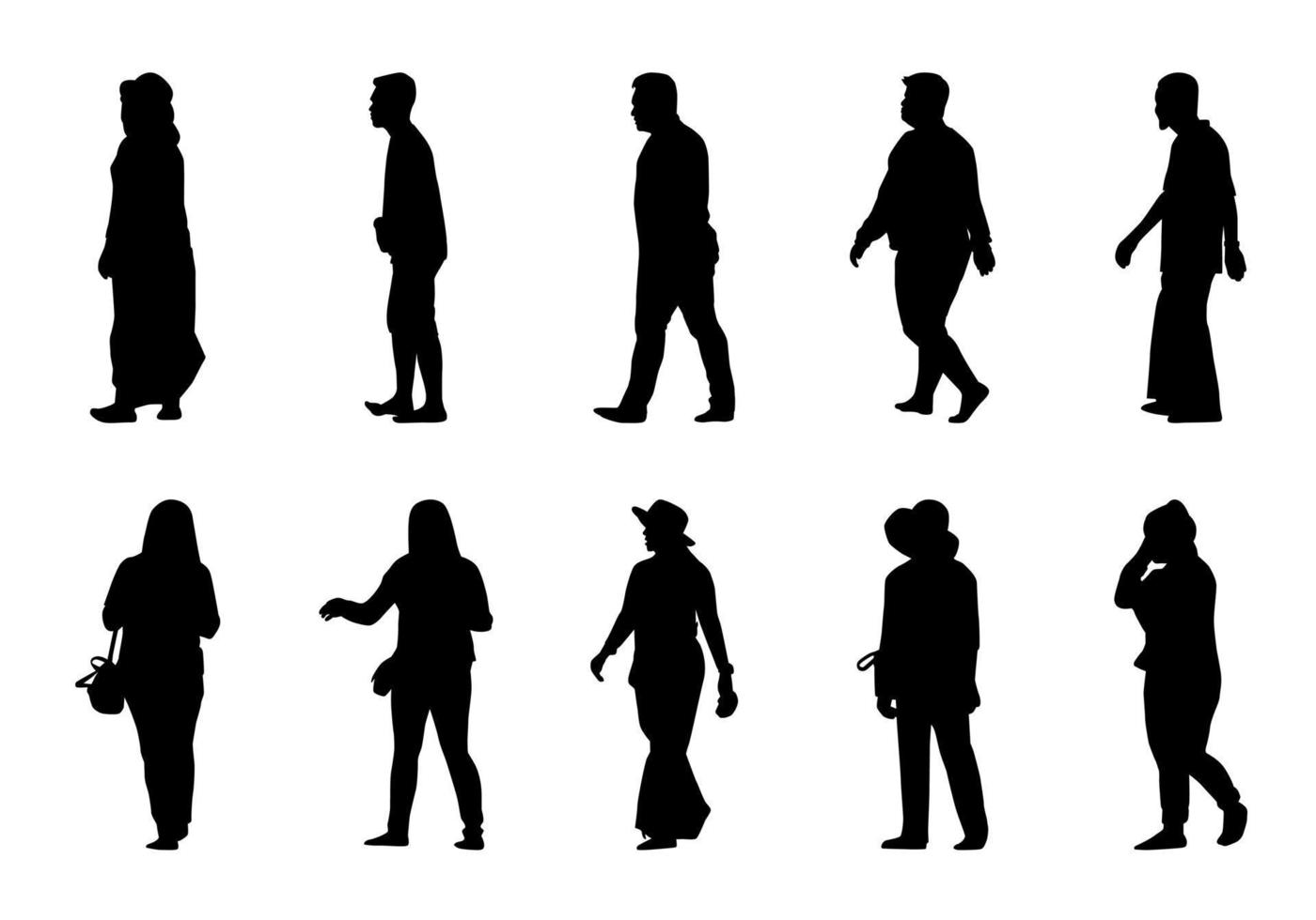 silueta de personas caminando sobre fondo blanco, colección de vectores de mujeres y hombres en la sombra