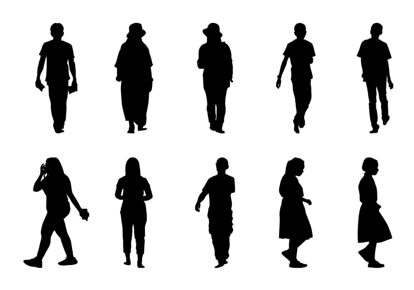 People silhouette walking on white background, Black men and women vector set