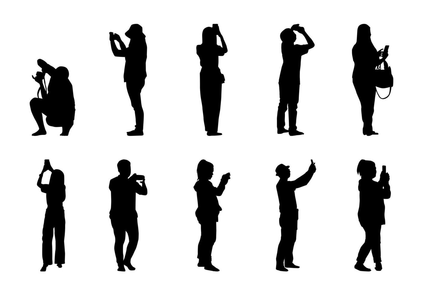 Tourist takeing photo silhouette set, People vector set on white background