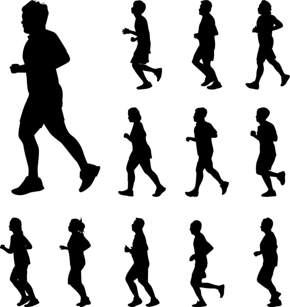 Man and Woman Running Silhouettes Vector, Black color people rush on white background vector