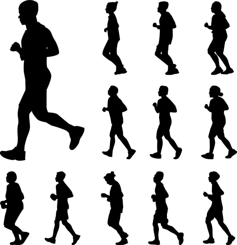 People Running Silhouettes Vector, Black color man and women exercise on white background vector