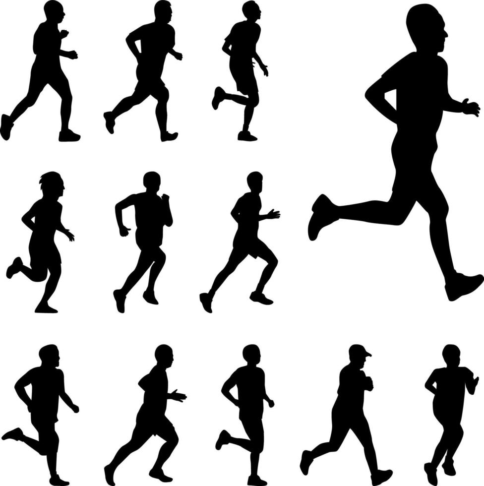 Run silhouettes vector set, Black color man rush on white background