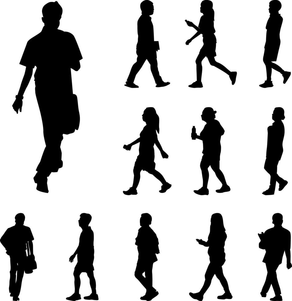 walk silhouettes vector, Icon man and women promenade on white background vector