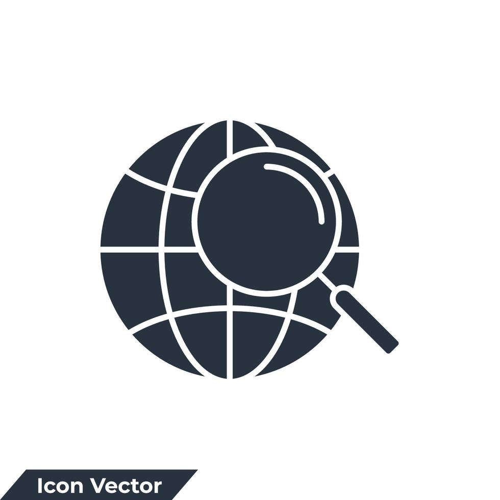 search globe icon logo vector illustration. Magnify globe symbol template for graphic and web design collection