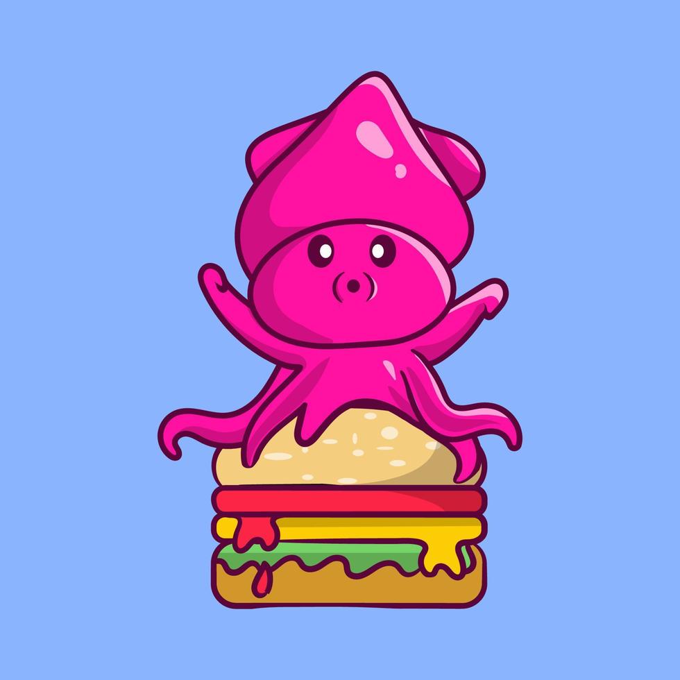 Octopus sitting on burger cartoon character. animal mascot isolated. vector