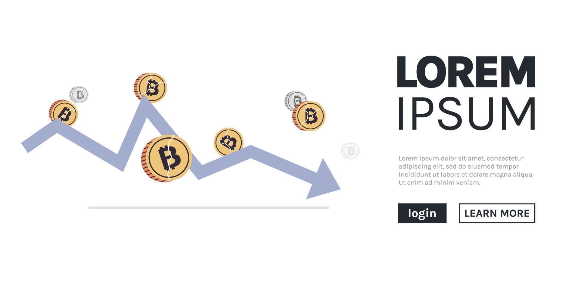 Cryptocurrency downward arrow and falling crash bitcoin price collapse crypto loss investment risk crisis flat vector illustration.