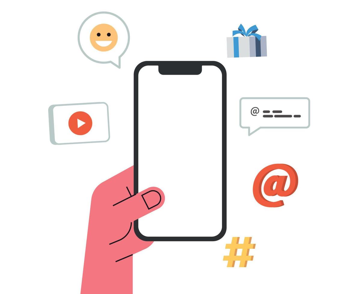 Online social media communication concept and hand holding smartphone with emoji, comment, play icons flat vector illustration.