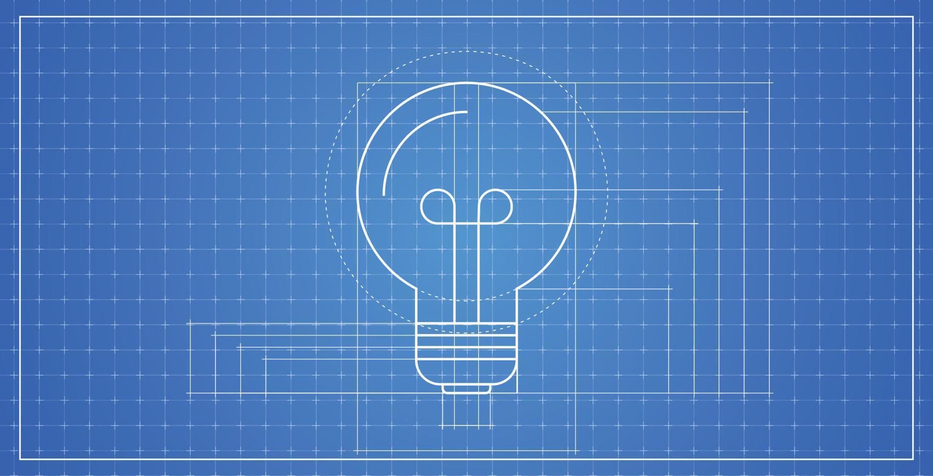 Architectural blueprint and bulb horizontal technical drawing flat illustration. vector